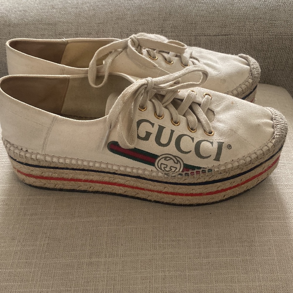 Gucci Canvas Logo Lace-Up Platform Espadrilles Greggio Grege
